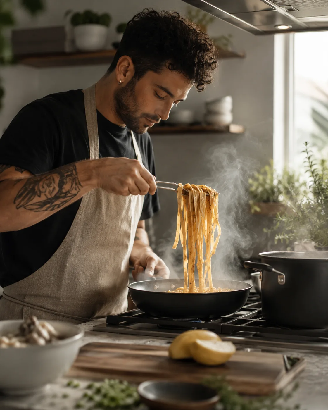 Chef finalizando um prato de massa na cozinha