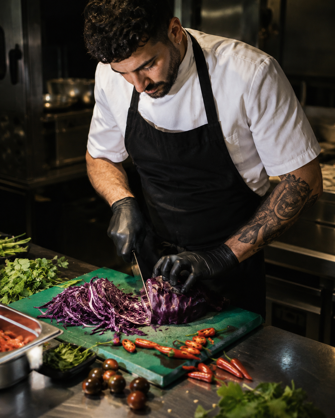 Chef organizando ingredientes em uma cozinha profissional